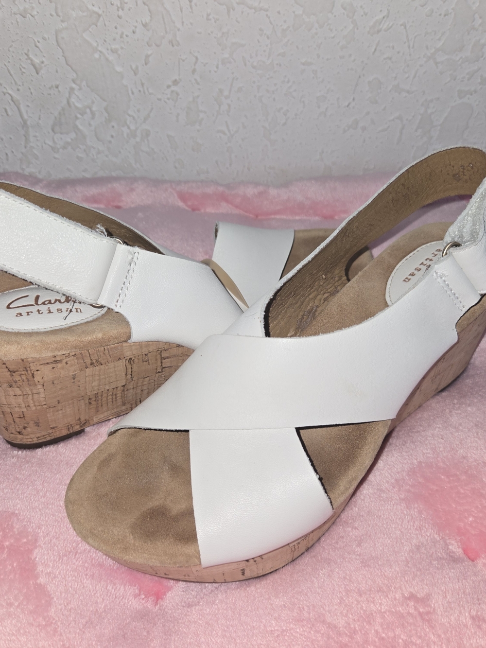 Clarks Artisan White Leather Strappy Cork Wedge Sandals - Picture 1 of 7